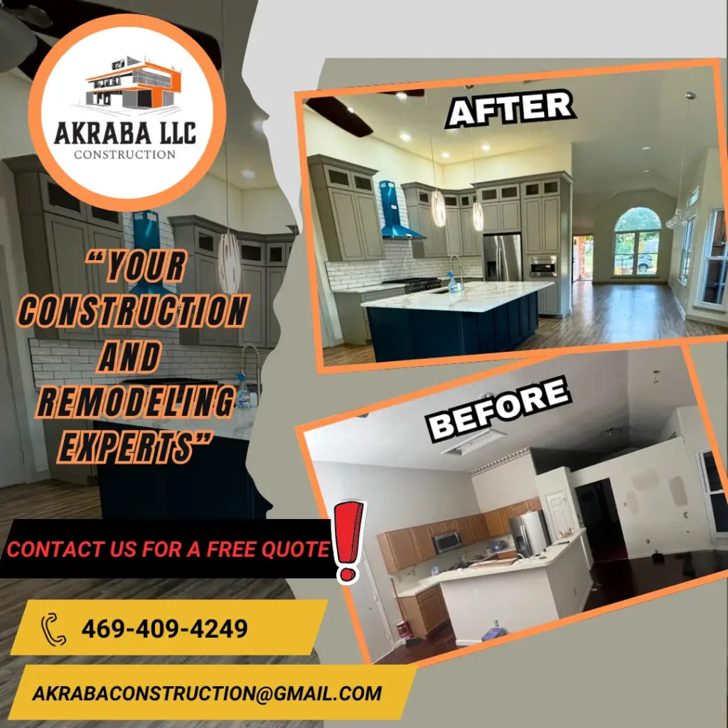 Before and after home construction showing modern cabinets, island bench, and upgraded home remodeling design.