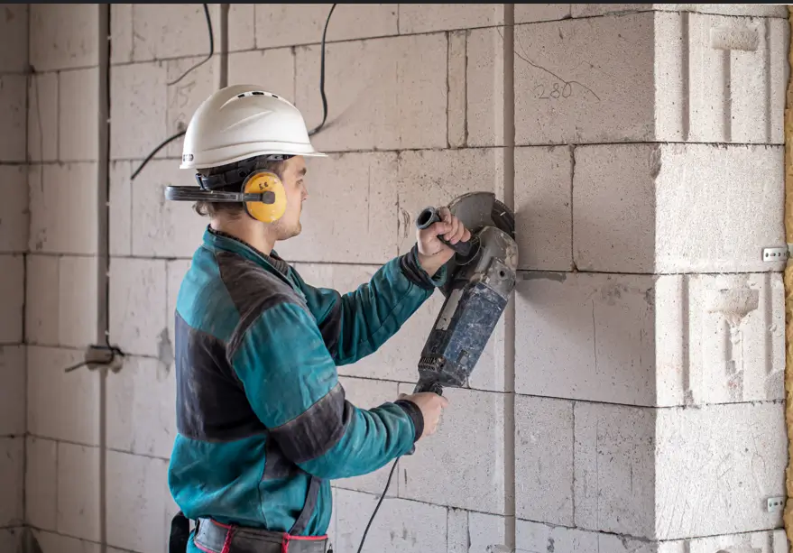 Equipped with a hard hat and earmuffs, a construction worker uses a power saw to cut a vertical groove into a white concrete block wall.