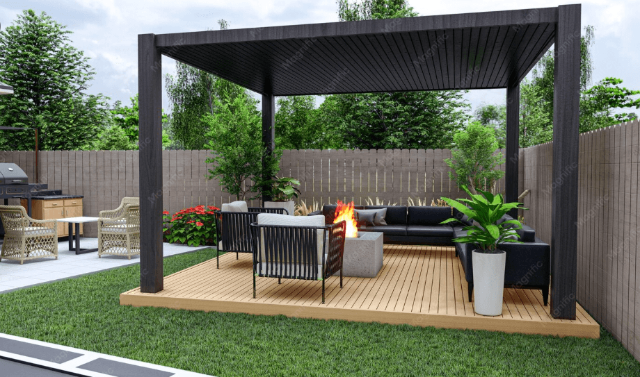 A cozy outdoor seating area with a modern fire pit is perfectly sheltered by a stylish pergola with roof.