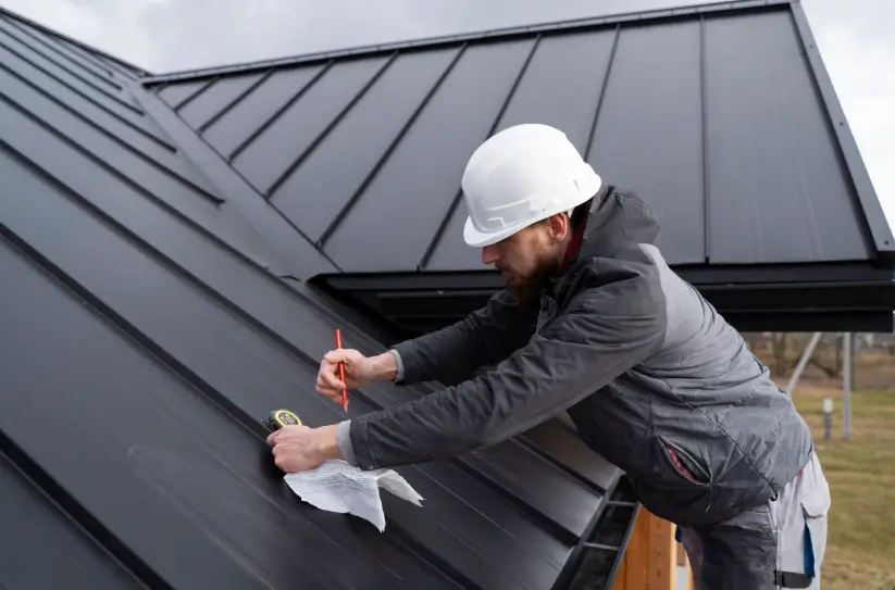 A construction professional in a hard hat takes precise measurements and notes on a standing seam metal roof during a thorough roof inspection.
