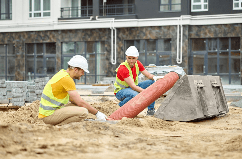 Two construction workers in safety gear carefully install a large corrugated pipe into a trench at a residential building site, demonstrating the implementation of advanced drainage systems.