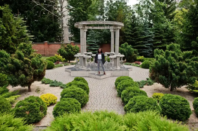 A carefully sculpted bonsai tree stands elegantly among large natural stones by a serene water feature, highlighting the artistic precision of high-end landscape design.