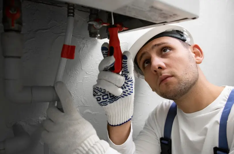 A focused technician in a hard hat and protective gloves uses a screwdriver to adjust complex piping and equipment, demonstrating the technical skill required for a comprehensive chimney repair and system tune-up.