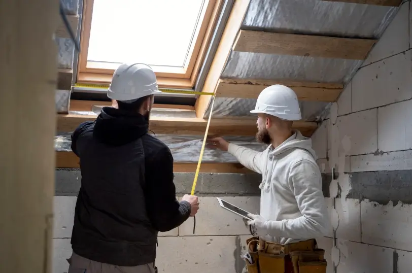 Professional contractors take detailed measurements and check structural alignment in an unfinished loft to prepare the space for proper attic insulation.