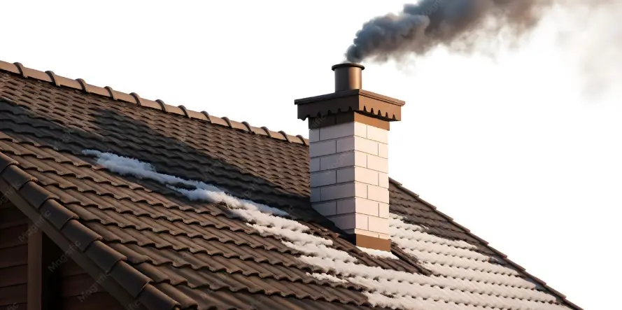 Thick dark smoke billows from a residential rooftop stack, highlighting an active ventilation issue that could indicate underlying chimney damage.