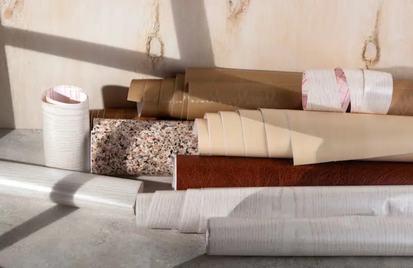 A selection of self-adhesive protective films, weather-stripping tapes, and textured rolls rests against a wooden wall, displaying various sealing and insulation materials used for home improvement.
