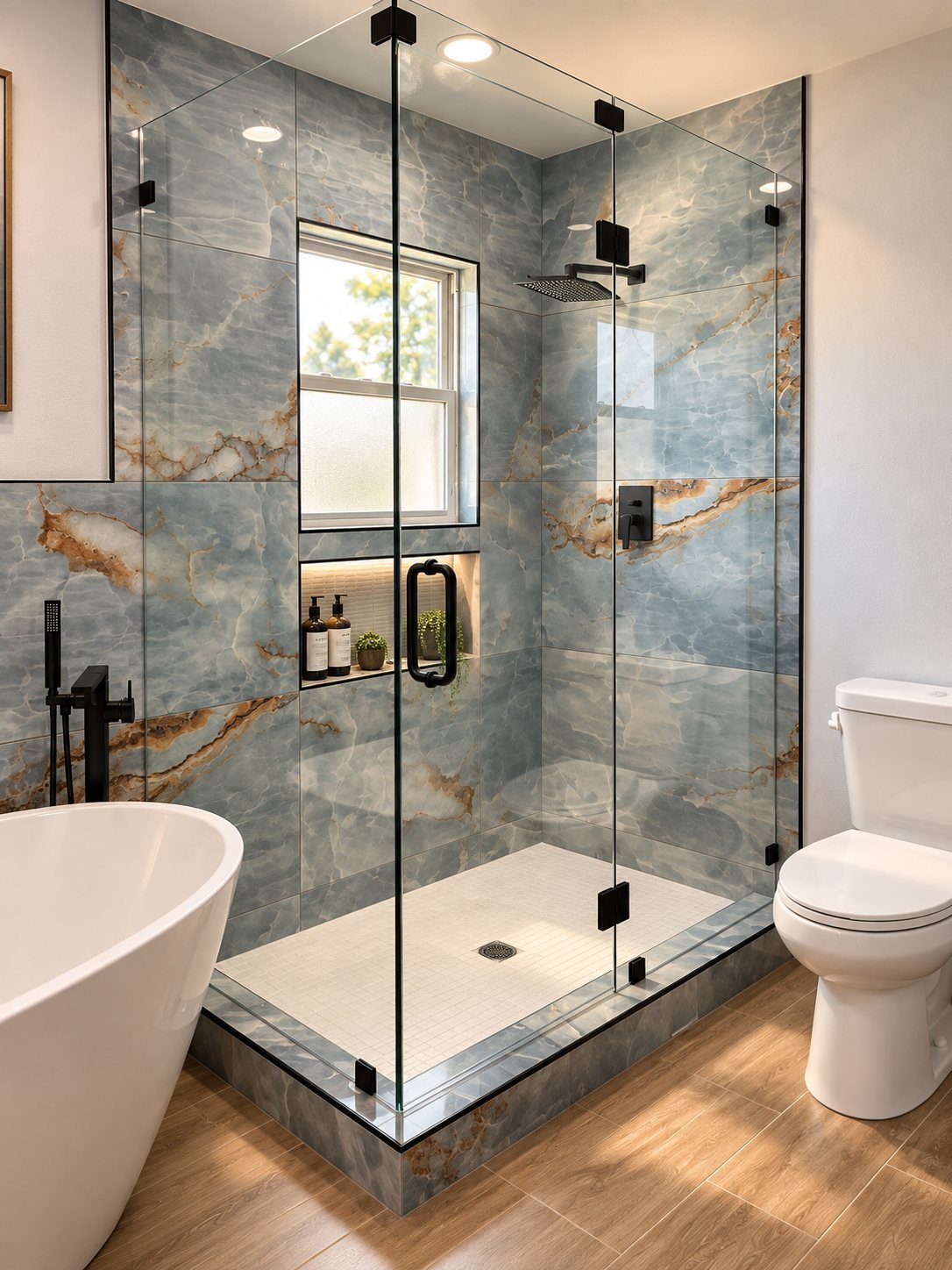 Frameless glass walk-in shower with blue marble-look tile beside a freestanding tub