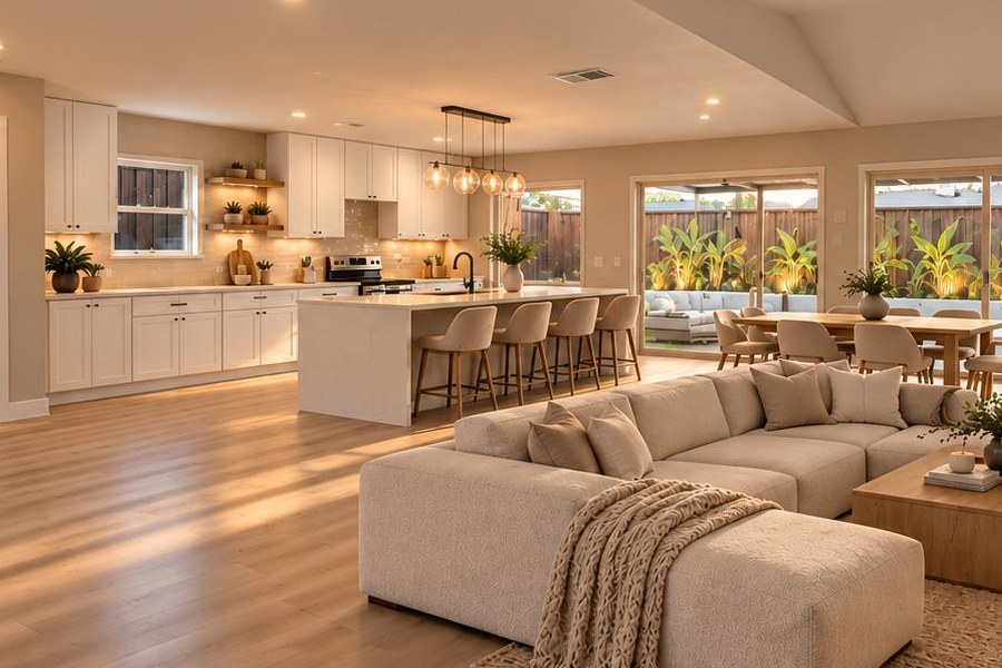 Budget kitchen remodel with white cabinets, tile backsplash and island seating