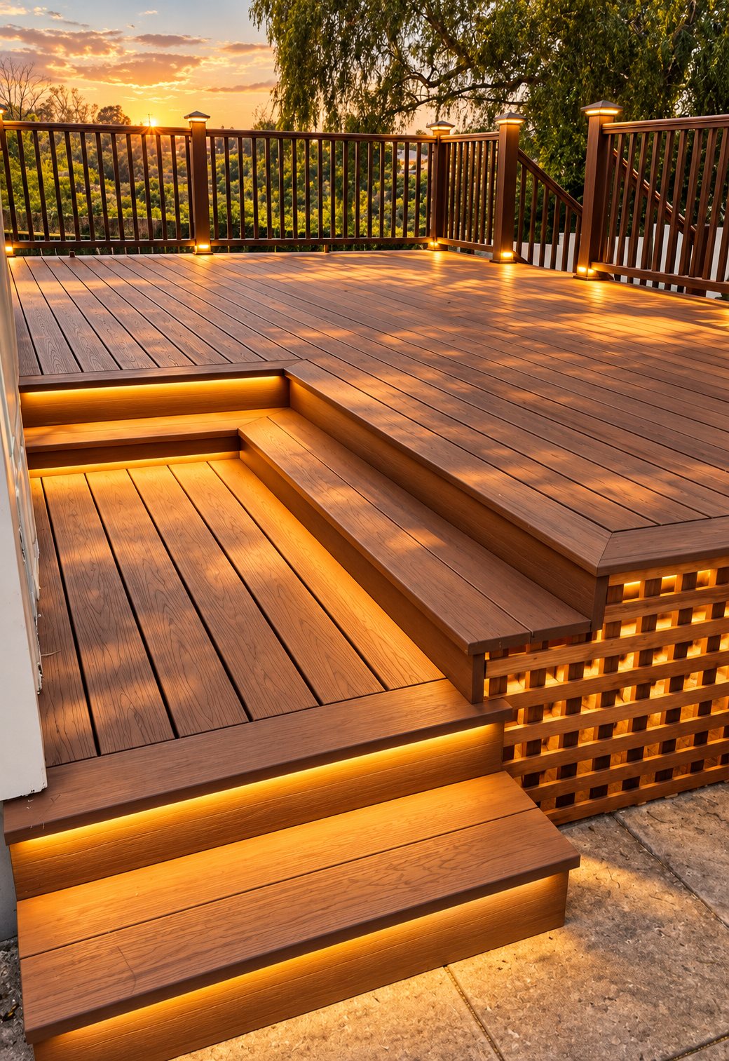 Composite deck with lit stairs and black metal railing