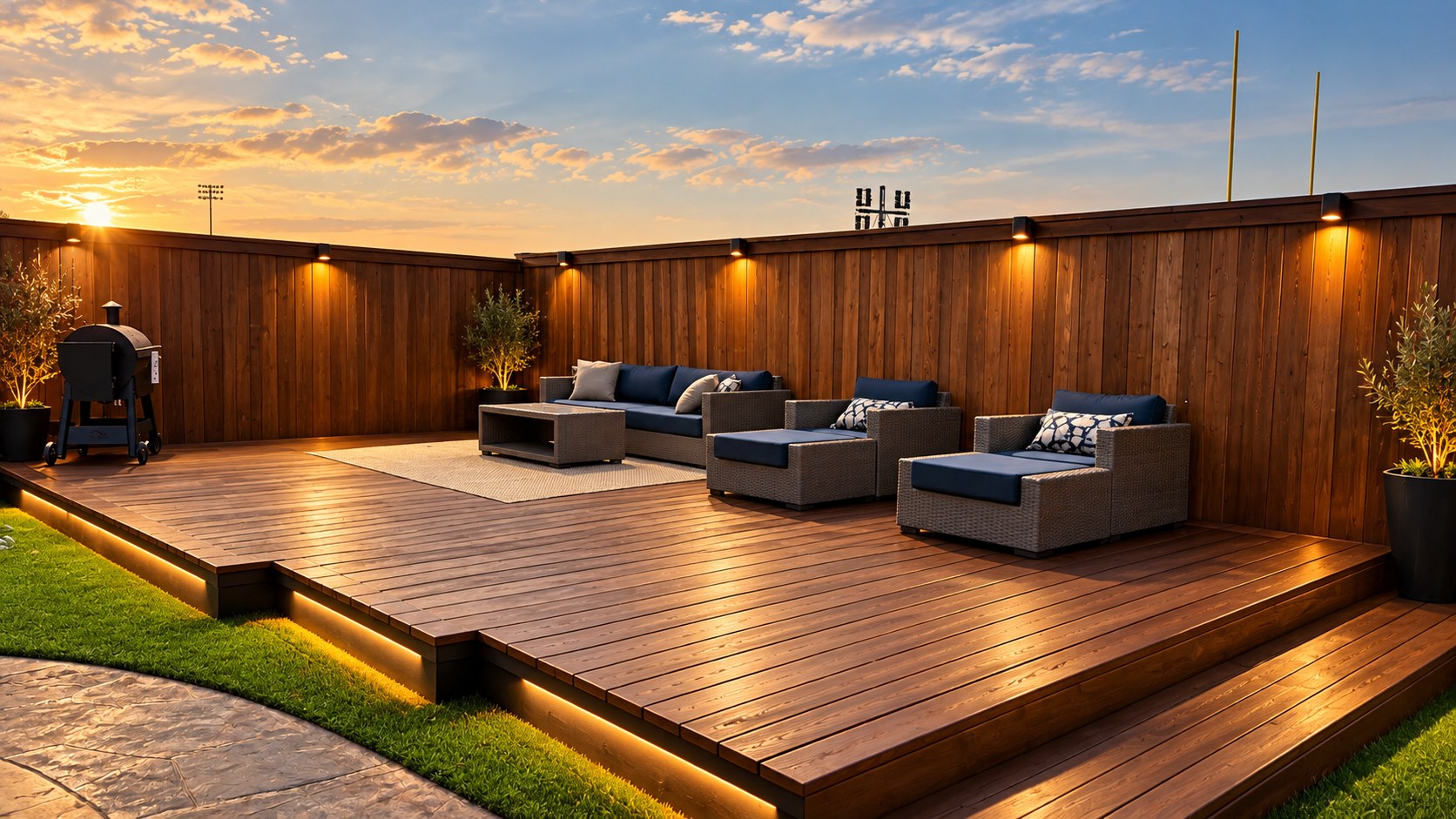 Wood deck with lit steps and outdoor seating along a stained privacy fence at sunset