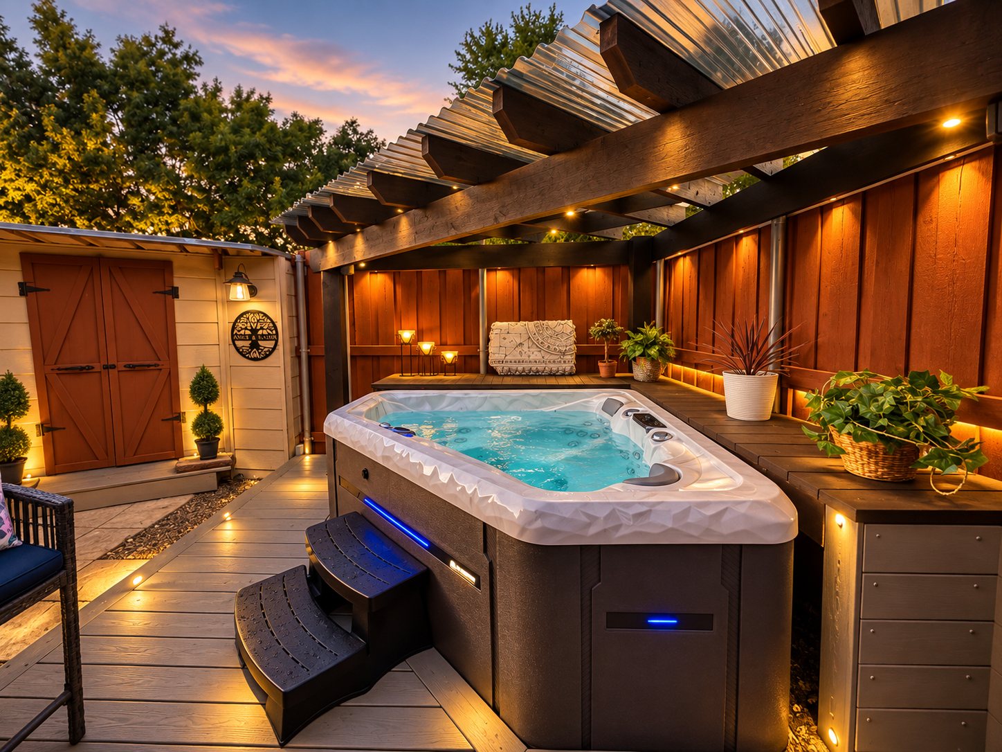 Backyard deck with hot tub under a pergola