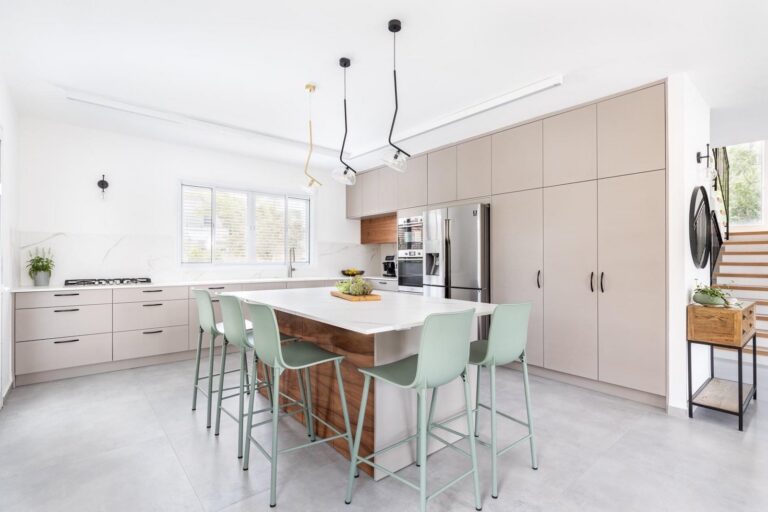 Taupe flat-panel kitchen with marble-look island by Akraba, Plano & DFW kitchen remodeler