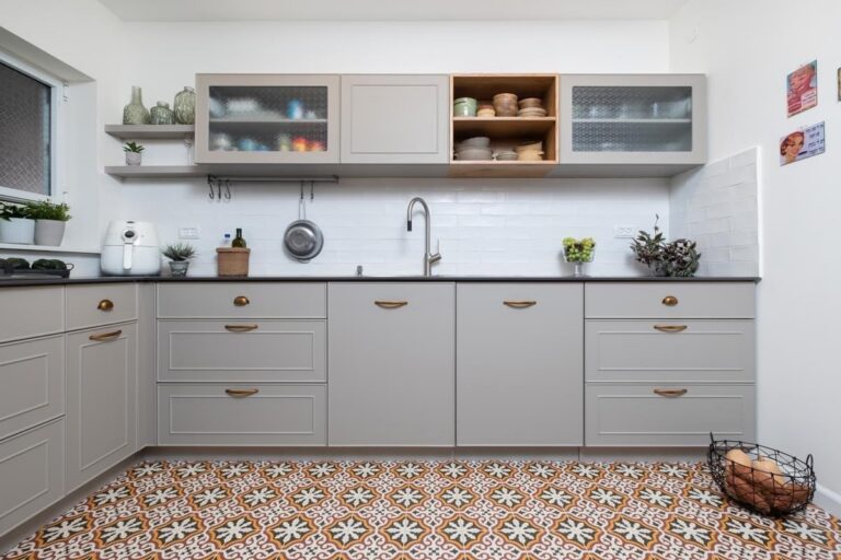 Gray shaker kitchen with patterned tile floor by Akraba, Plano & DFW kitchen remodeler
