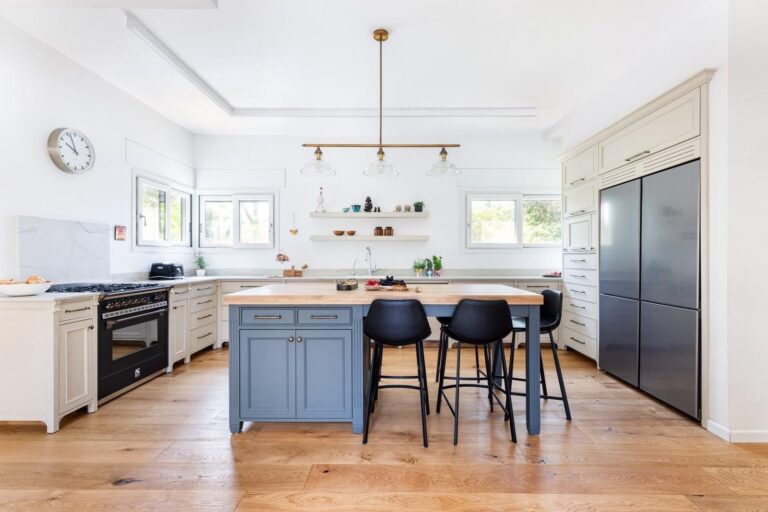 Kitchen remodel with blue island and butcher-block top by Akraba, Plano & DFW kitchen remodeler