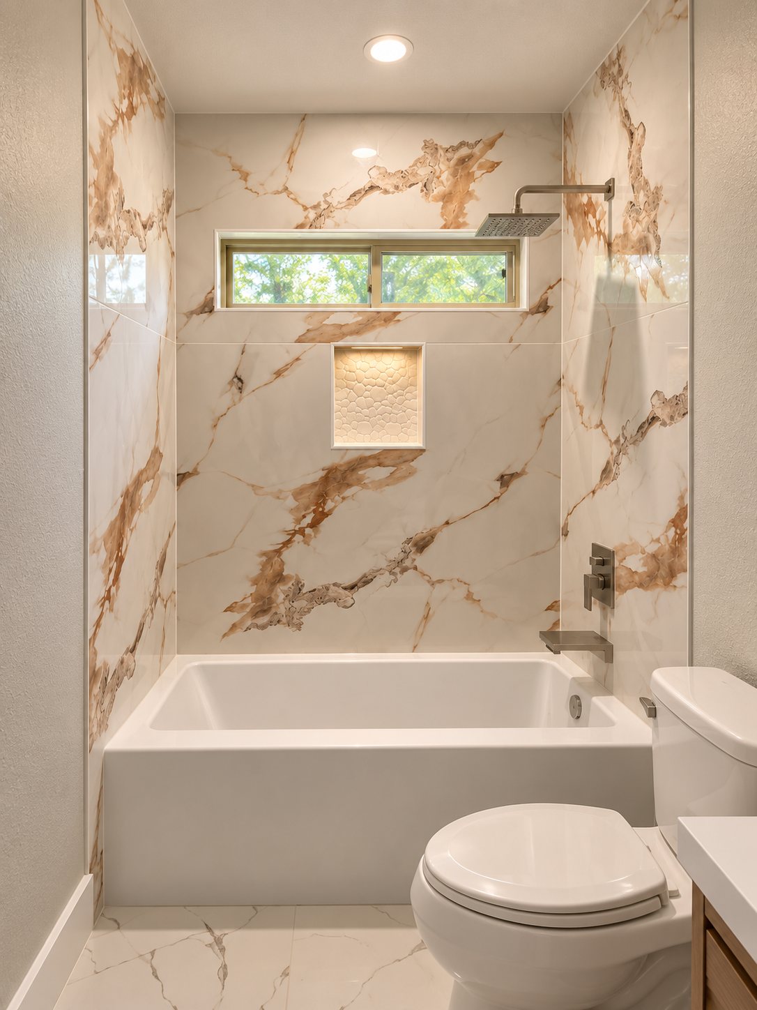 Marble-look tile tub and shower with lit wall niche