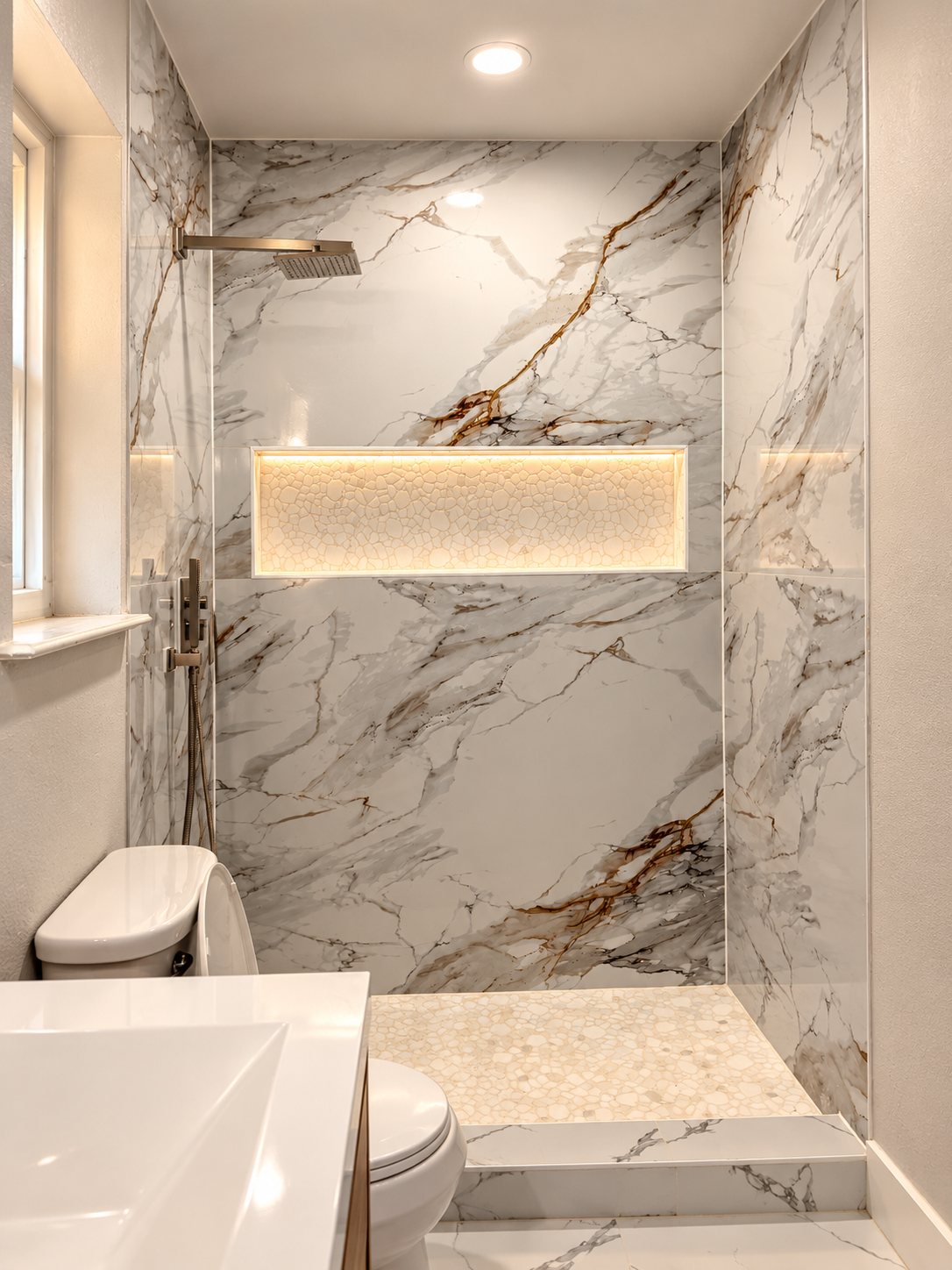 Marble-look walk-in shower with pebble floor and lit niche
